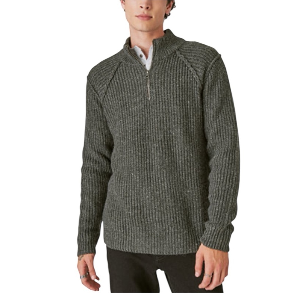 Lucky Brand Men's Tweed Mock Neck Zip Deep Grey Sweater SZ XXL